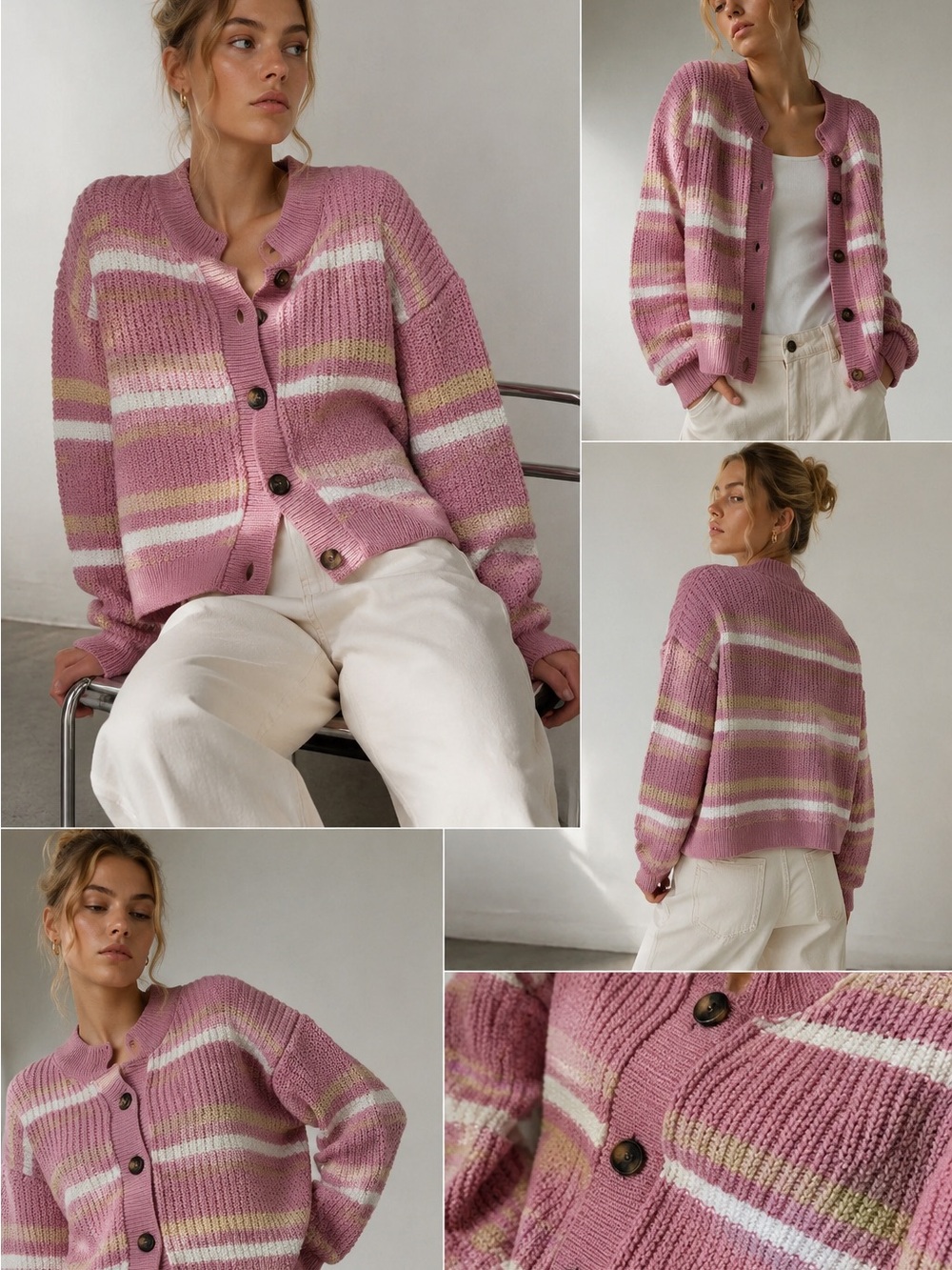 🌸 Free People Pink Striped Knit Cardigan Sweater S